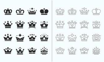 een verzameling van kroon pictogrammen vertegenwoordigen koningen en koninginnen, beschikbaar in beide solide en geschetst stijlen vector