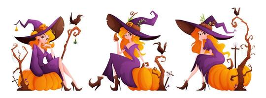 halloween heksen set. een heks met een schattig Look, oranje haar, een Purper jurk en een groot Purper hoed zit Aan een reusachtig pompoen. oud droog boom, kruisen, schedels en kraaien. tekenfilm vector. vector