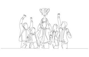 doorlopend een lijn tekening van bedrijf mensen vieren met trofee, team succes concept, single lijn kunst. vector