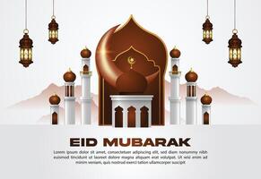 Islamitisch groet eid mubarak ontwerp achtergrond, sjabloon met mooi lantaarns en halve maan vector