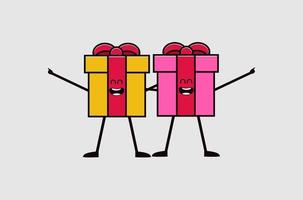 twee vectorillustraties van happy happy gift-personages in verschillende kleuren, vector