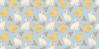 schattig Pasen patroon met konijntjes, kuikens en bloemen in pastel kleuren. naadloos ontwerp in tekening stijl. eindeloos illustratie met dieren. wit konijnen met botanisch elementen Aan blauw achtergrond vector