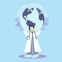 nationaal dokter dag. de dokter houdt de wereld in zijn handen. vlak vector illustratie.