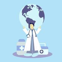 nationaal dokter dag. de dokter houdt de wereld in zijn handen. vlak vector illustratie.