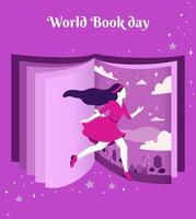 wereld boek dag. een meisje binnen een fantasie boek tussen de Pagina's. vlak vector illustratie