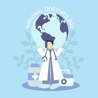 nationaal dokter dag. de dokter houdt de wereld in zijn handen. vlak vector illustratie.