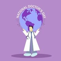 nationaal dokter dag. de dokter houdt de wereld in zijn handen. vlak vector illustratie.