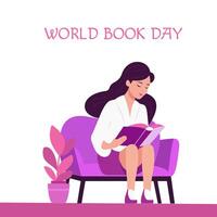 wereld boek dag. de meisje is lezing een boek. vlak vector illustratie