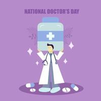 nationaal dokter dag. de dokter houdt een groot pot van pillen in zijn handen. vlak vector illustratie.