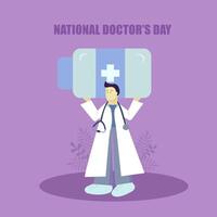 nationaal dokter dag. de dokter houdt een groot pot van pillen in zijn handen. vlak vector illustratie.