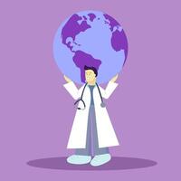 nationaal dokter dag. de dokter houdt de wereld in zijn handen. vlak vector illustratie.