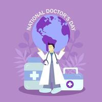 nationaal dokter dag. de dokter houdt de wereld in zijn handen. vlak vector illustratie.
