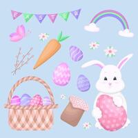 Pasen reeks van stickers met eieren, konijn en wortels. gelukkig Pasen. vector illustratie