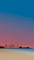 zeegezicht zonsondergang verticaal vorm vector illustratie hebben blanco ruimte Bij de lucht. kust landschap met palm bomen, oceaan kust, strand en dramatisch lucht vlak ontwerp.