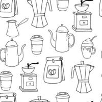 hand- getrokken vector monochroom naadloos patroon met koffie. tekening koffie beker, Slijper en pot. vector illustratie Aan wit