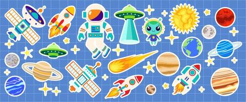 tekenfilm ruimte, kosmos stickers met astronaut, planeet, ster, . vector illustratie