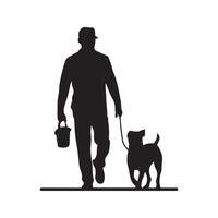 Mens wandelen met hond buitenshuis vector silhouet