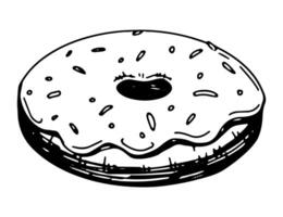 donut met glazuur. single schetsen van zoet voedsel, nagerecht. hand- getrokken vector illustratie in retro stijl. schets clip art geïsoleerd Aan wit achtergrond.