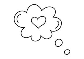 hand- getrokken tekenfilm illustratie van schets toespraak bubbel met hart vorm geven aan. schattig tekening gemakkelijk valentijnsdag dag lijn kunst. vlak vector liefde, romantisch sticker, icoon of afdrukken. geïsoleerd Aan wit achtergrond.