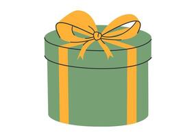 hand- getrokken modern illustratie van groen geschenk doos met geel boog. Kerstmis verjaardag vakantie Geschenk. vlak vector sticker of icoon in gemakkelijk gekleurde tekening stijl. geïsoleerd Aan wit achtergrond.