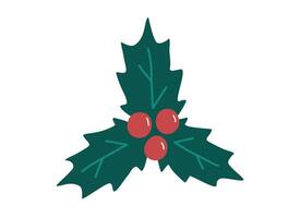 hand- getrokken schattig tekenfilm illustratie van hulst met rood BES. vlak vector Kerstmis fabriek sticker in gekleurde tekening stijl. nieuw jaar, Kerstmis ilex Afdeling icoon of afdrukken. geïsoleerd Aan achtergrond.