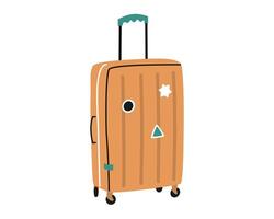 hand- getrokken schattig tekenfilm illustratie van koffer. vlak vector bagage sticker in gemakkelijk gekleurde tekening stijl. migratie, toerisme, op reis bagage icoon of afdrukken. geïsoleerd Aan wit achtergrond.