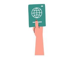 hand- getrokken schattig tekenfilm illustratie van hand- Holding paspoort. vlak vector sticker in gemakkelijk gekleurde tekening stijl. migratie, toerisme, op reis document icoon of afdrukken. geïsoleerd Aan wit achtergrond.