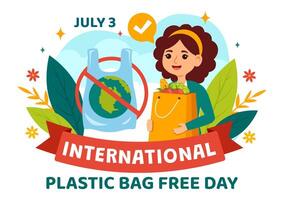 Internationale plastic zak vrij dag vector illustratie Aan 3 juli met Gaan groente, opslaan aarde en oceaan in eco levensstijl vlak tekenfilm achtergrond