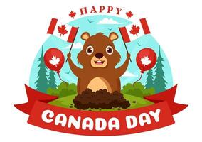gelukkig Canada dag vector illustratie viering in 1e juli met esdoorn, kaart en lint in nationaal vakantie vlak tekenfilm achtergrond