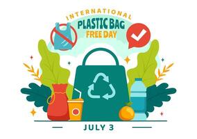 Internationale plastic zak vrij dag vector illustratie Aan 3 juli met Gaan groente, opslaan aarde en oceaan in eco levensstijl vlak tekenfilm achtergrond