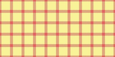 vouw Schotse ruit controleren patroon, pyjama kleding stof naadloos textiel. Jaren 70 achtergrond plaid vector structuur in rood en geel kleuren.