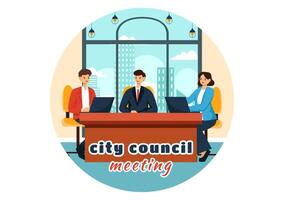 stad raad vergadering vector illustratie met effectief bedrijf team, medewerker, brainstorming voor belangrijk onderhandeling in vlak tekenfilm achtergrond