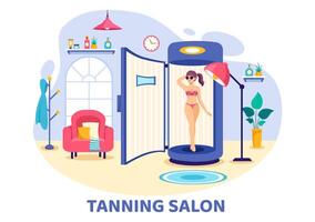 bruinen salon vector illustratie van bed procedure naar krijgen exotisch huid met modern technologie Bij de spa solarium in vlak tekenfilm achtergrond