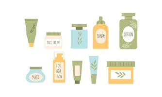 natuurlijk biologisch schoonheidsmiddelen voor huid in kleurrijk flessen, buizen, potten vector vlak illustratie