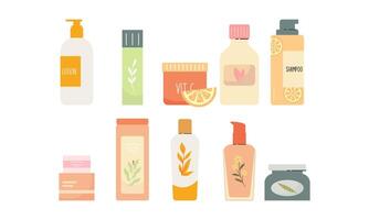 natuurlijk biologisch schoonheidsmiddelen voor huid in kleurrijk flessen, buizen, potten vector vlak illustratie