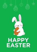 groen Pasen ansichtkaart met wit konijn Holding een ei vector