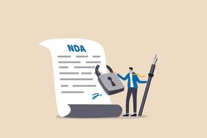 nda, non-disclosure overeenkomst contractondertekening, juridisch vertrouwelijk document voor werkende werknemer erkennen concept, vertrouwen zakenman met ondertekeningspen met nda vergrendeld met hangslotdocument. vector