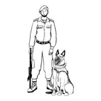 zwart en wit soldaat nemen eed met k9 hond vector grafisch illustratie voor patriottisch leger ontwerpen