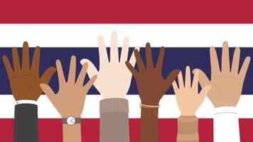 vlak vector illustratie van mensen verhogen hun handen Aan Thailand vlag achtergrond. eenheid concept.