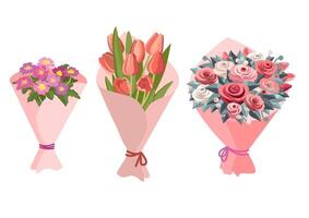 reeks van boeketten. rozen, tulpen, sleutelbloemen. helder bloemen. vector illustratie.