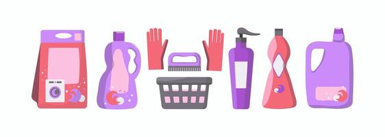 huishouden schoonmaak producten voor huis hygiëne, de was, wassen. reeks van wasmiddelen voor het wassen in de het wassen machine. pakketjes, flessen met huishouden Chemicaliën. vector