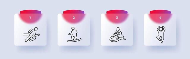 nuttig hobby reeks icoon. skiën, skiën, zwemmen, kajakken, yoga, dansen, rennen, Gezondheid zorg, buitenshuis activiteiten, sport, nummering. gezond levensstijl concept. glasmorfisme stijl. vector