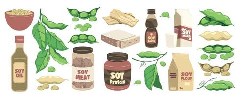soja Boon producten. tekenfilm biologisch voedsel met soja soja melk soja tofu tempé, veganistisch vegetarisch gezond eiwit alternatief. vector reeks