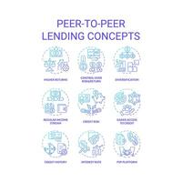 Peer naar peer kredietverlening blauw helling concept pictogrammen. lenen en kredietverlening geld. investering. Verbinden leners met investeerders. icoon pak. vector afbeeldingen. ronde vorm illustraties. abstract idee