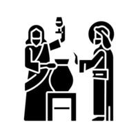 eerste wonder zwart glyph icoon. Jezus Christus bochten water in wijn. bruiloft Bij kana. nieuw testament. bijbels tafereel. silhouet symbool Aan wit ruimte. solide pictogram. vector geïsoleerd illustratie