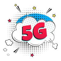 5g nieuwe draadloze internet wifi-verbinding komische stijl toespraak bubble uitroepteken tekst 5g vlakke stijl ontwerp vectorillustratie geïsoleerd op een witte achtergrond. nieuw mobiel internet 5g teken icoon in ballon. vector