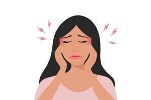 ongelukkig Mens hebben migraine hoofdpijn vector illustratie. Gezondheid probleem concept