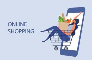 online boodschappen doen kruidenier concept, mooi vrouw bestellen kruidenier van laptop geïsoleerd vector illustratie. online winkelen, digitaal betaling, technologie onderhoud bedrijf onderhoud achtergrond