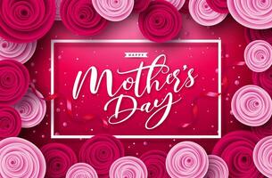 gelukkig moeder dag groet kaart ontwerp met roos bloem en typografie brief Aan rood achtergrond. vector moeders dag illustratie sjabloon voor banier, folder, uitnodiging, brochure, poster.