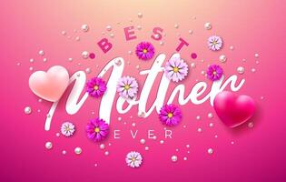 gelukkig moeder dag illustratie met voorjaar bloem, hart en het beste moeder ooit typografie belettering Aan roze achtergrond. vector mam dag ontwerp voor groet kaart, banier, folder, brochure, poster.